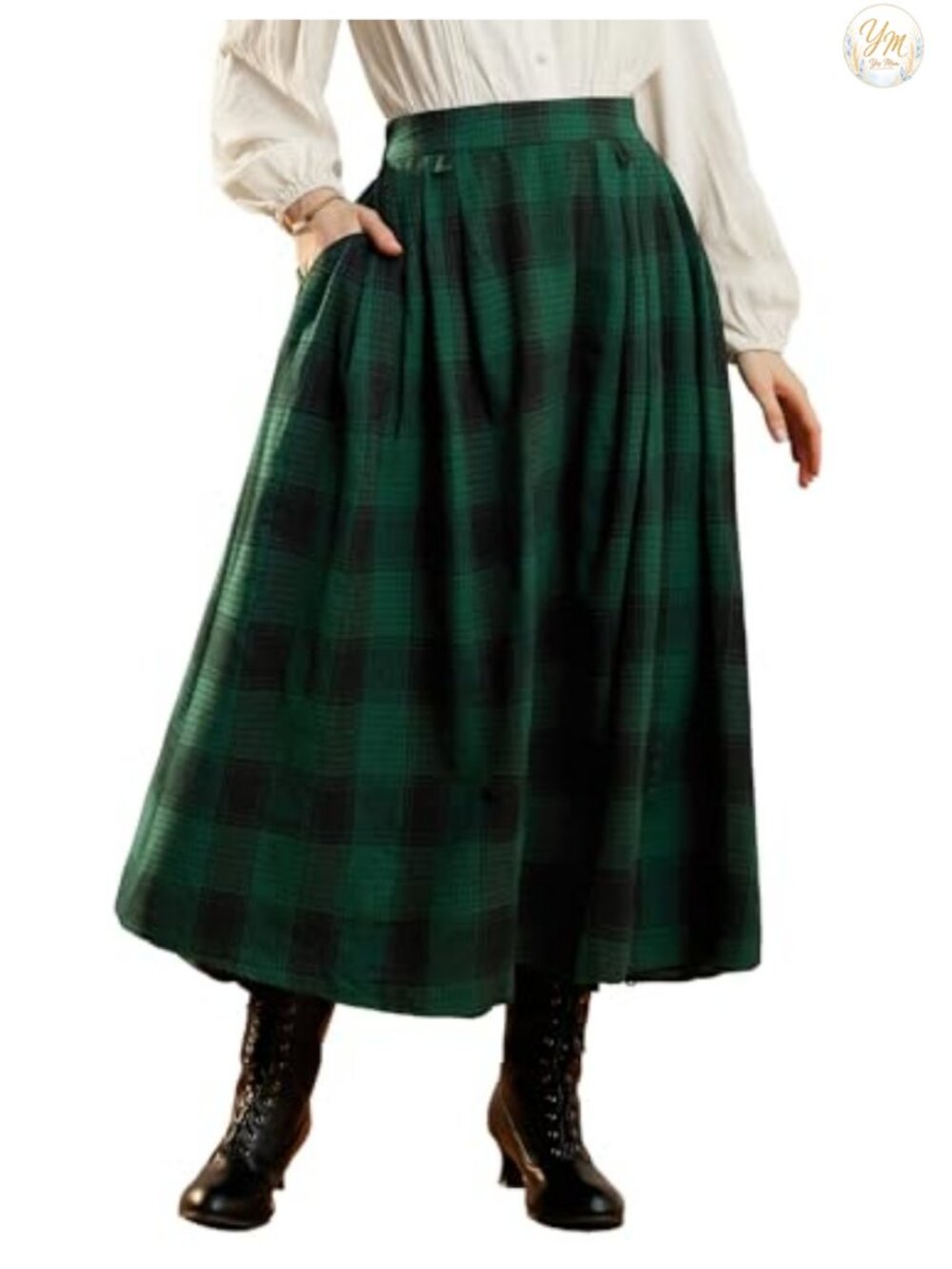 Plaid High Waist Layered Long Maxi Skirt with Pockets